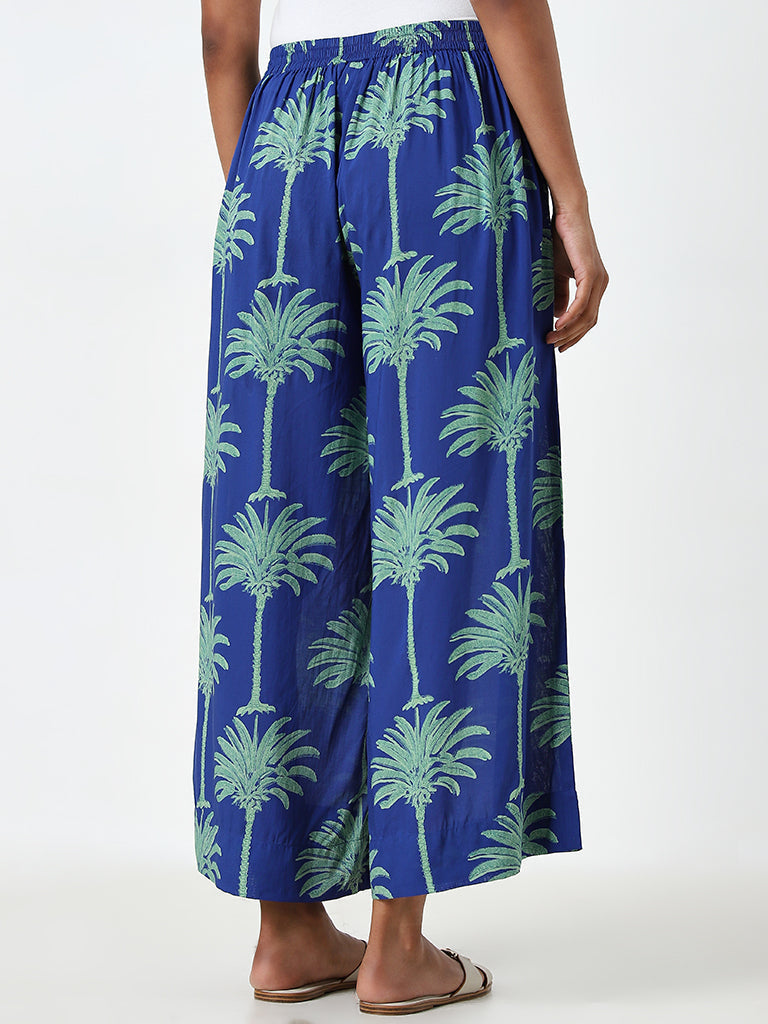 Utsa Blue Botanical Printed High-Rise Palazzos