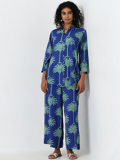 Utsa Blue Botanical Printed High-Rise Palazzos