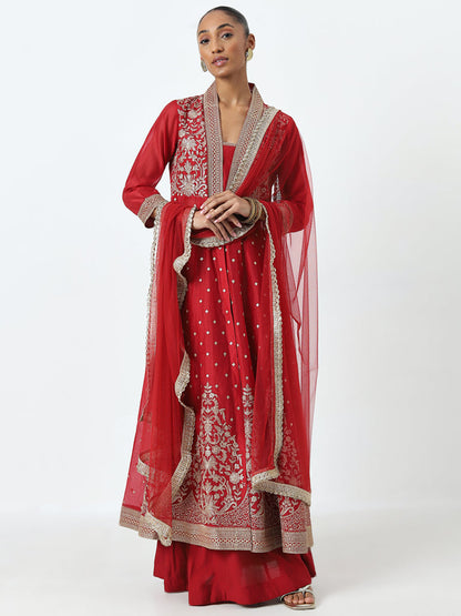 Vark Red Embroidered Kurta, Skirt and Dupatta Set