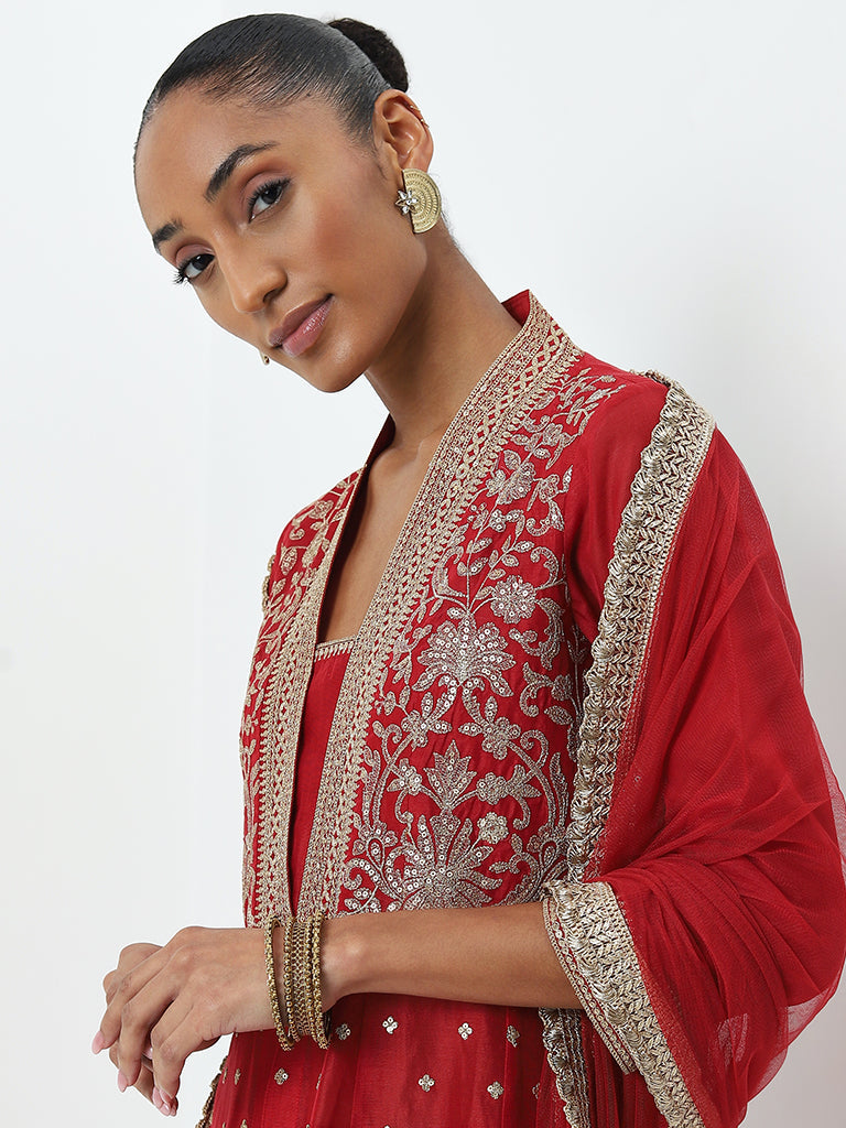 Vark Red Embroidered Kurta, Skirt and Dupatta Set