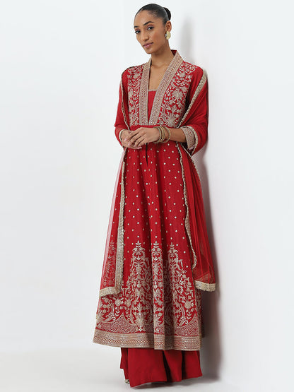 Vark Red Embroidered Kurta, Skirt and Dupatta Set