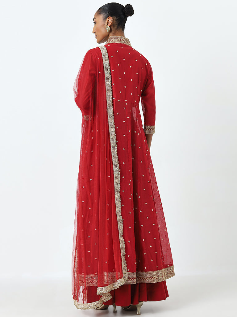 Vark Red Embroidered Kurta, Skirt and Dupatta Set