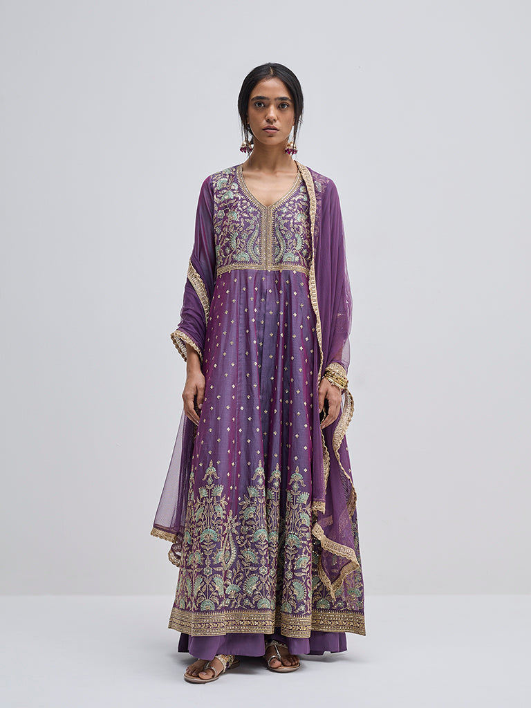 Vark Purple Floral Embroidered Kurta, Skirt and Dupatta Set