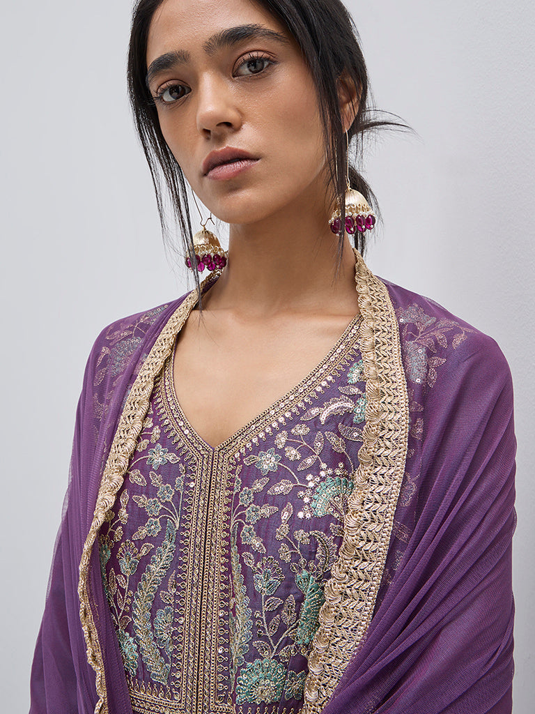 Vark Purple Floral Embroidered Kurta, Skirt and Dupatta Set