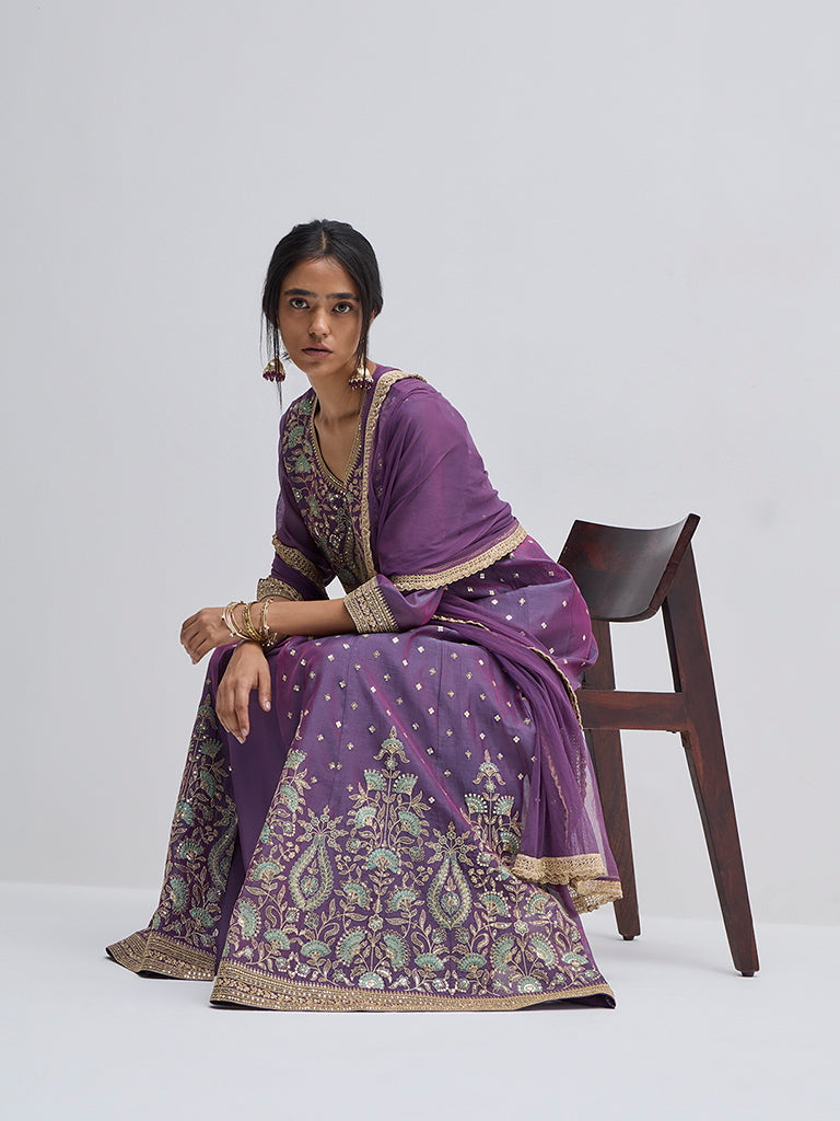 Vark Purple Floral Embroidered Kurta, Skirt and Dupatta Set