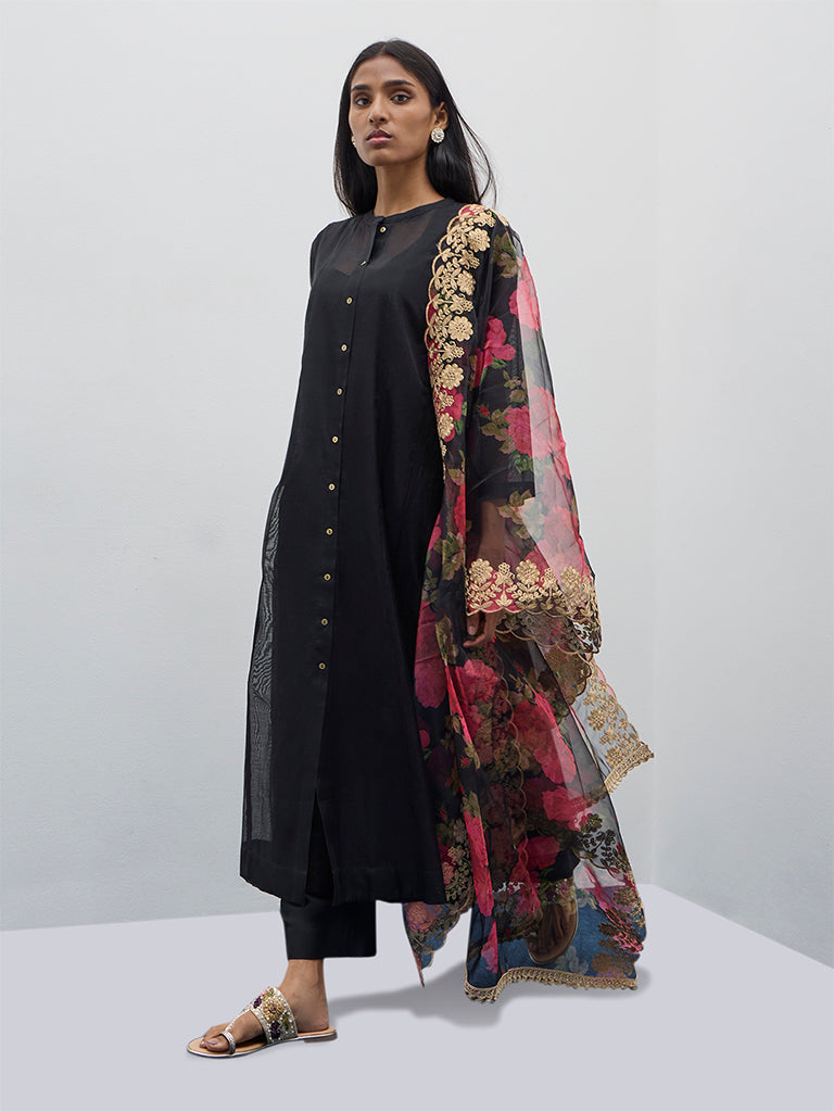 Vark Black Solid A-Line Kurta, Inner, Pants and Dupatta Set