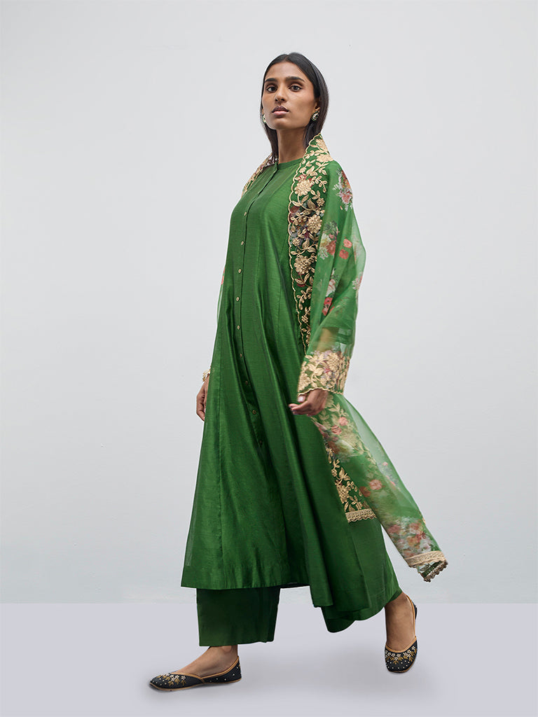 Vark Green Solid A-Line Kurta, Inner, Pants and Dupatta Set