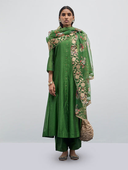 Vark Green Solid A-Line Kurta, Inner, Pants and Dupatta Set