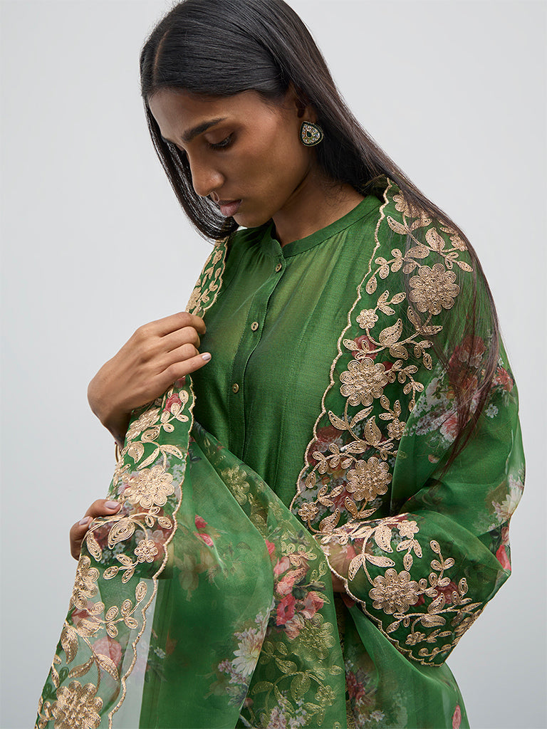 Vark Green Solid A-Line Kurta, Inner, Pants and Dupatta Set