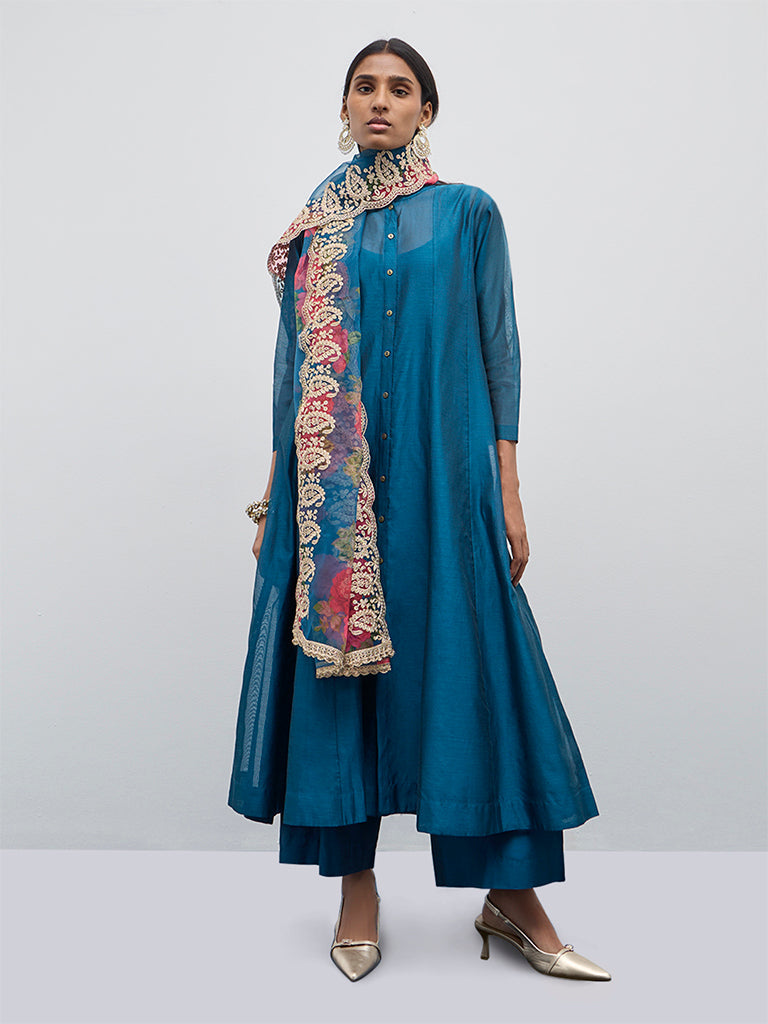 Vark Teal Solid A-Line Kurta, Inner, Pants and Dupatta Set