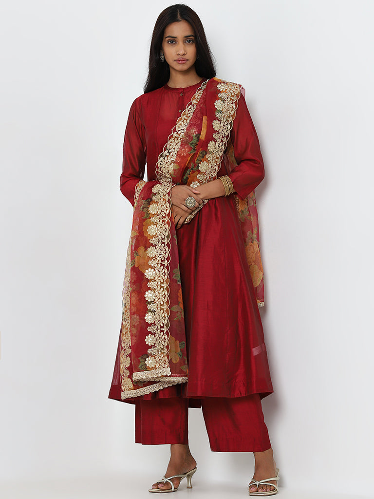 Vark Maroon Solid A-Line Kurta, Inner, Pants and Dupatta Set