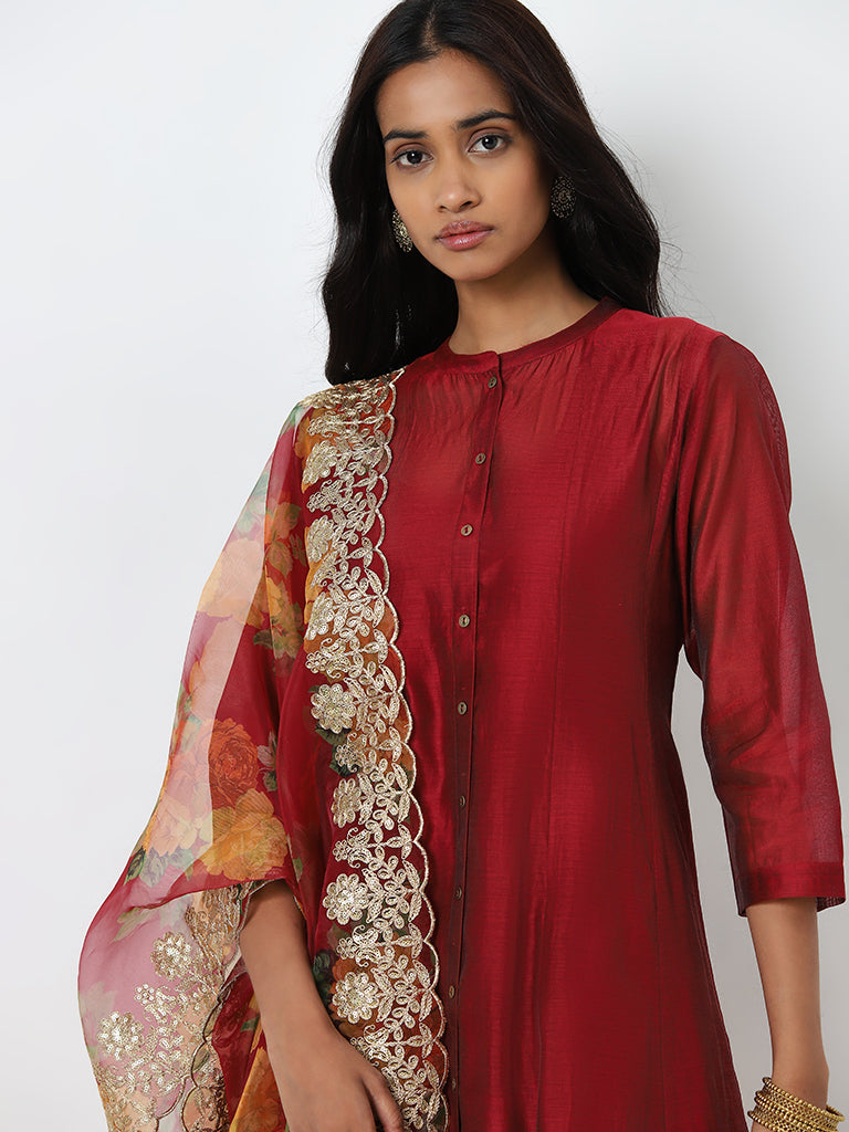 Vark Maroon Solid A-Line Kurta, Inner, Pants and Dupatta Set