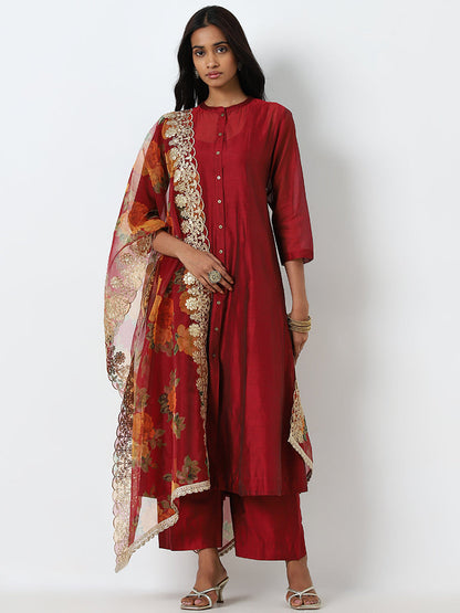 Vark Maroon Solid A-Line Kurta, Inner, Pants and Dupatta Set