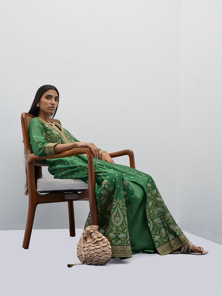 Vark Green Embroidered Kurta, Skirt and Dupatta Set