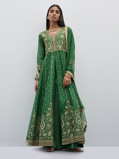 Vark Green Embroidered Kurta, Skirt and Dupatta Set