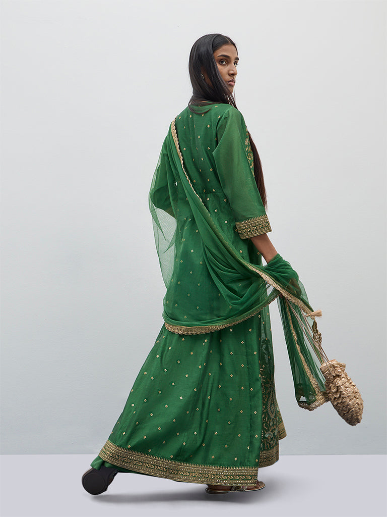 Vark Green Embroidered Kurta, Skirt and Dupatta Set