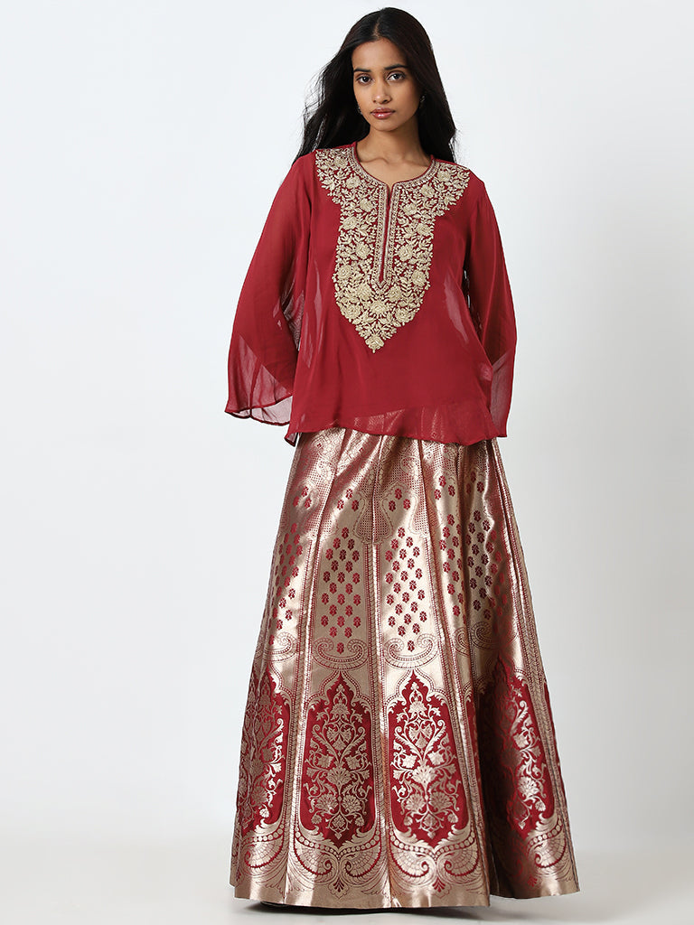 Vark Red Embroidered Top with Inner and Brocade Skirt Set