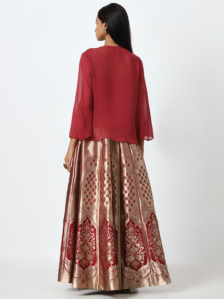 Vark Red Embroidered Top with Inner and Brocade Skirt Set