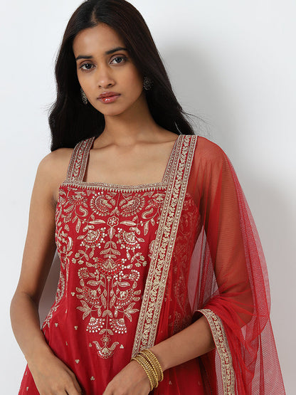 Vark Red Embroidered Straight Kurta, Pants and Dupatta Set