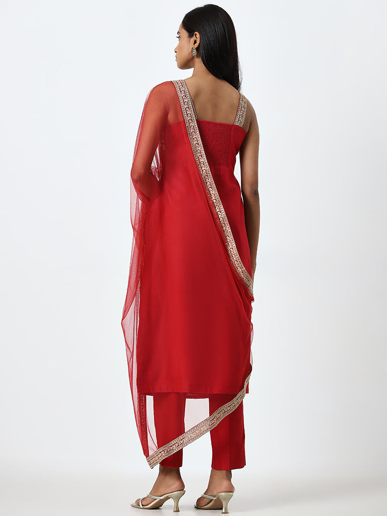 Vark Red Embroidered Straight Kurta, Pants and Dupatta Set