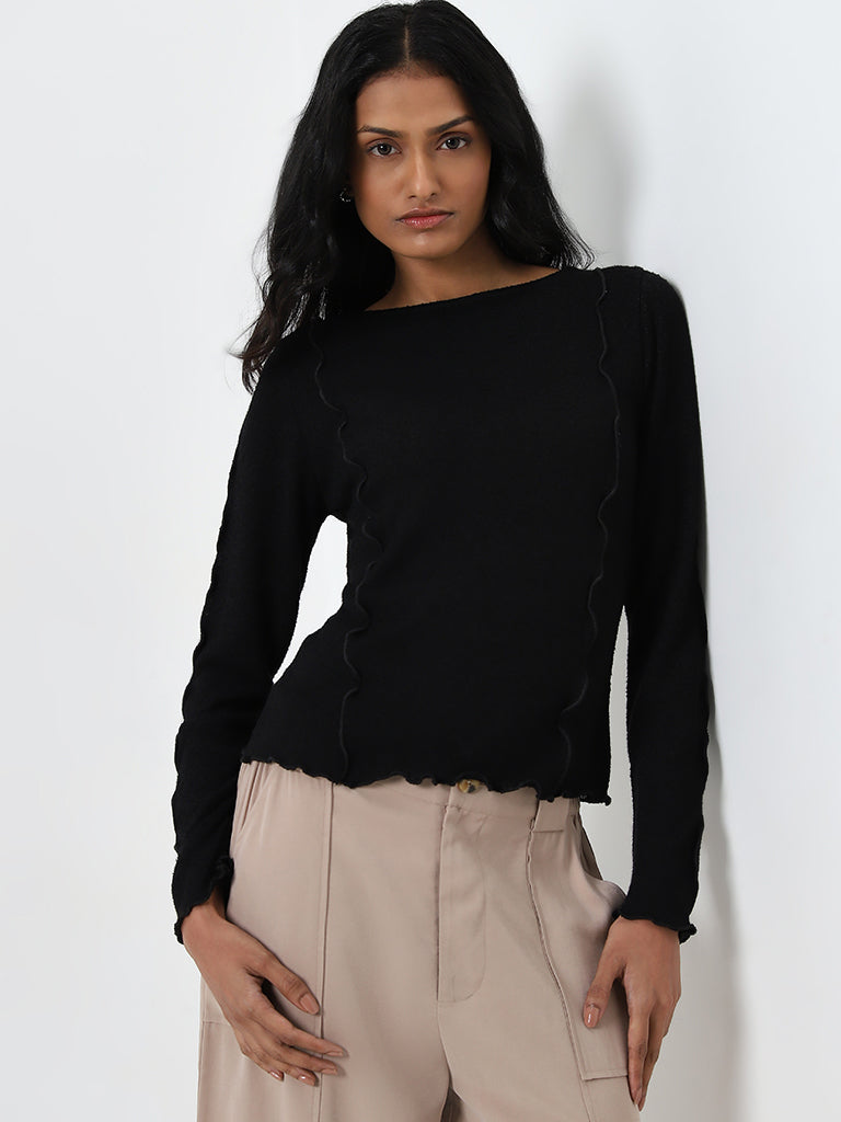 LOV Black Knit-Textured Top