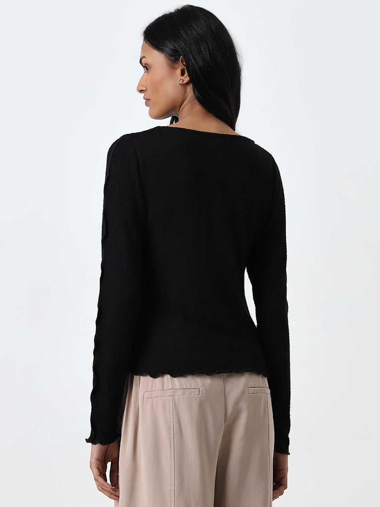 LOV Black Knit-Textured Top