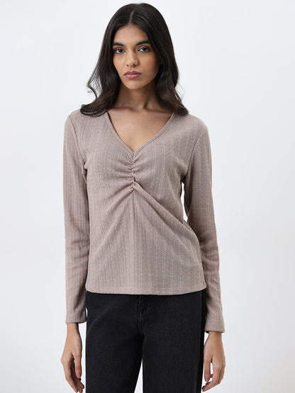 LOV Beige Knit-Textured Top