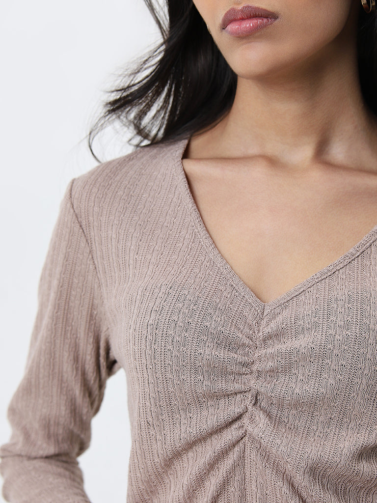 LOV Beige Knit-Textured Top