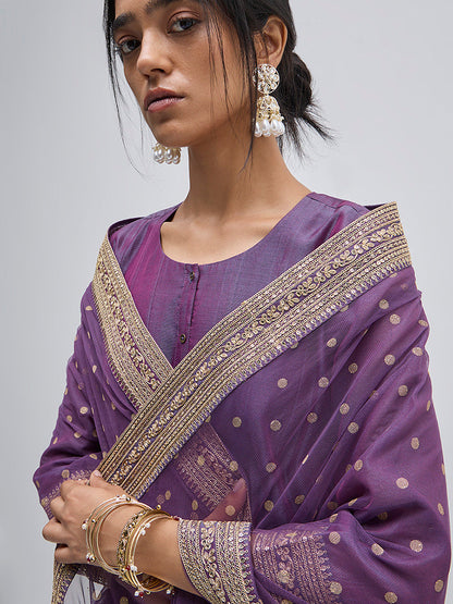 Vark Purple Embellished Kurta, Pants and Dupatta Set