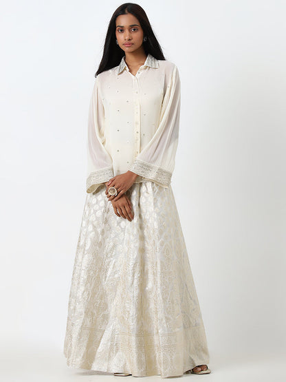 Vark Off-White Embellished Shirt, Inner and Brocade Skirt Set