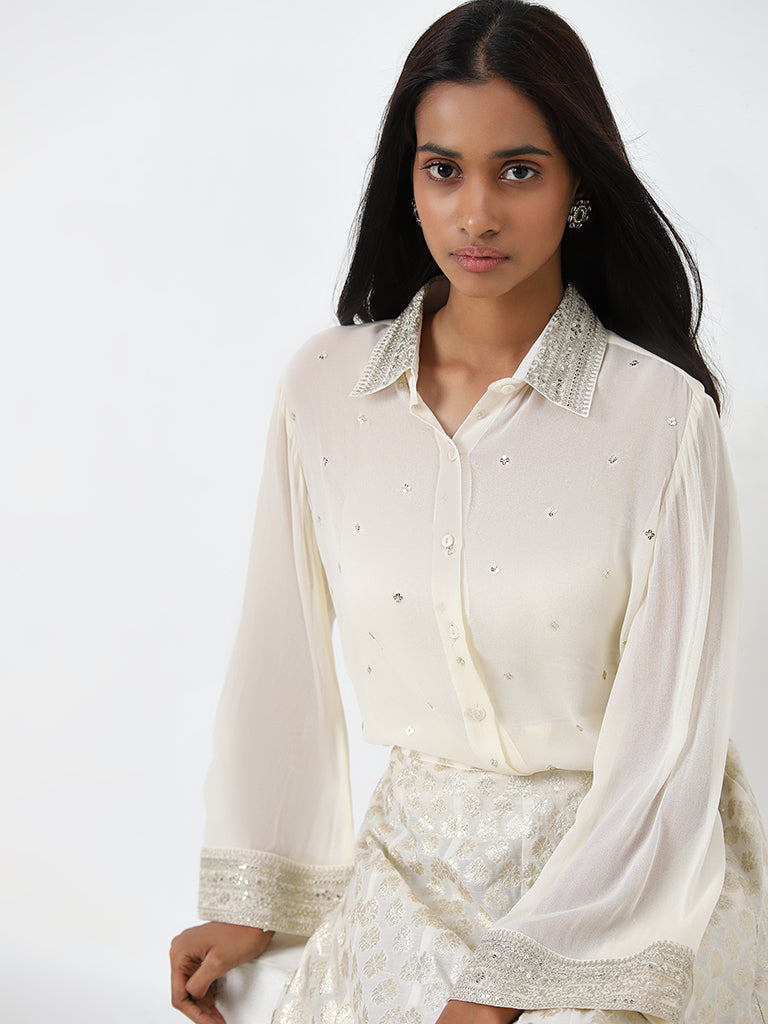 Vark Off-White Embellished Shirt, Inner and Brocade Skirt Set