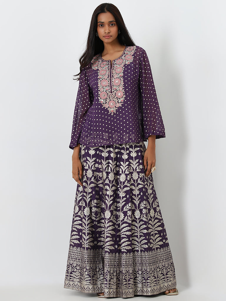 Vark Purple Embroidered Top, Inner and Skirt Set