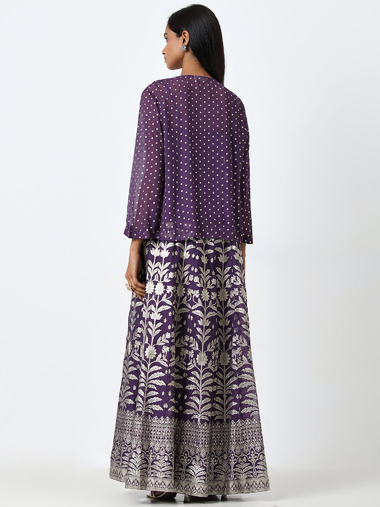 Vark Purple Embroidered Top, Inner and Skirt Set