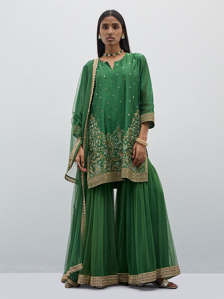 Vark Green Embellished A-Line Kurti, Sharara and Dupatta Set