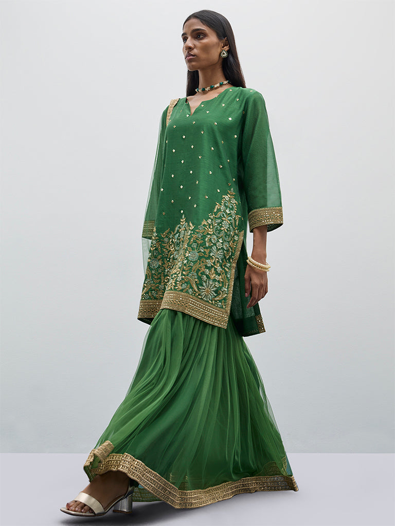 Vark Green Embellished A-Line Kurti, Sharara and Dupatta Set