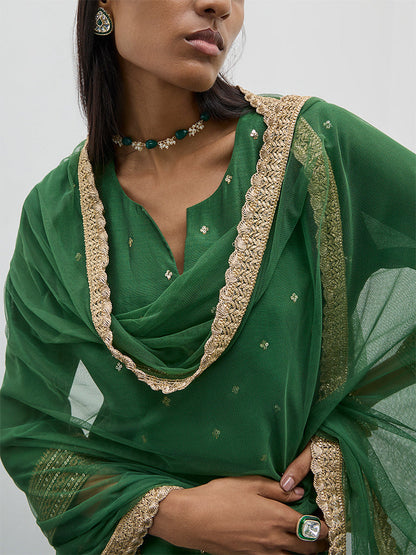 Vark Green Embellished A-Line Kurti, Sharara and Dupatta Set