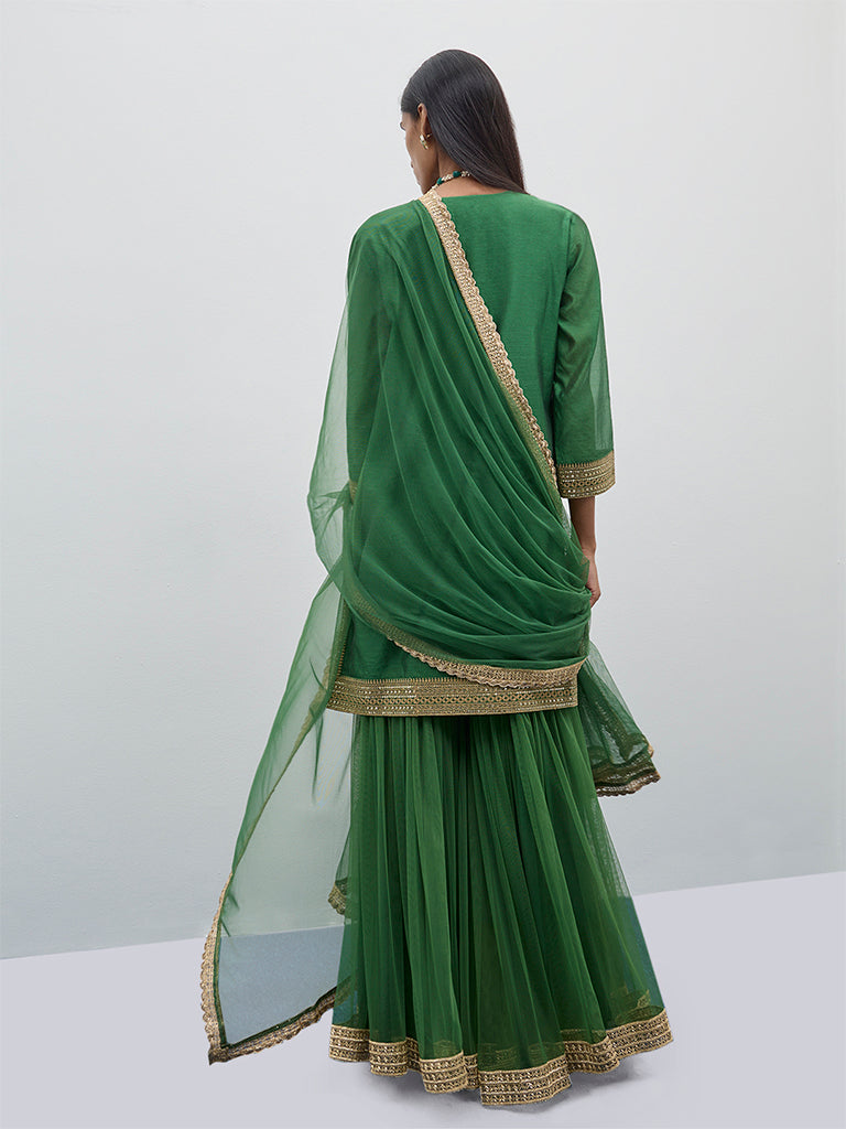 Vark Green Embellished A-Line Kurti, Sharara and Dupatta Set