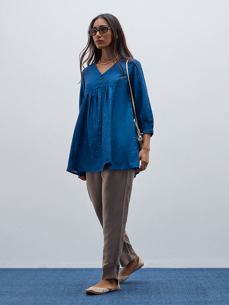 Utsa Blue Embellished A-Line Kurti