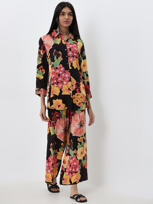 Utsa Black Floral Pattern Straight Tunic