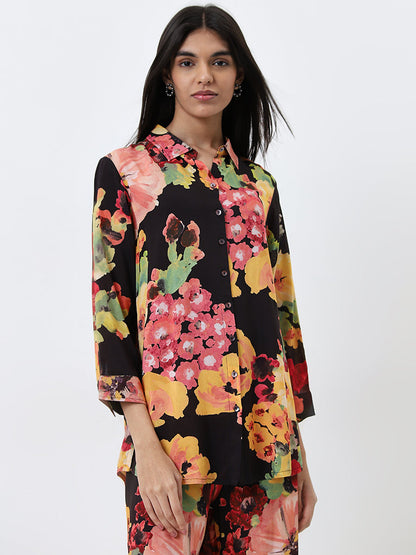 Utsa Black Floral Pattern Straight Tunic