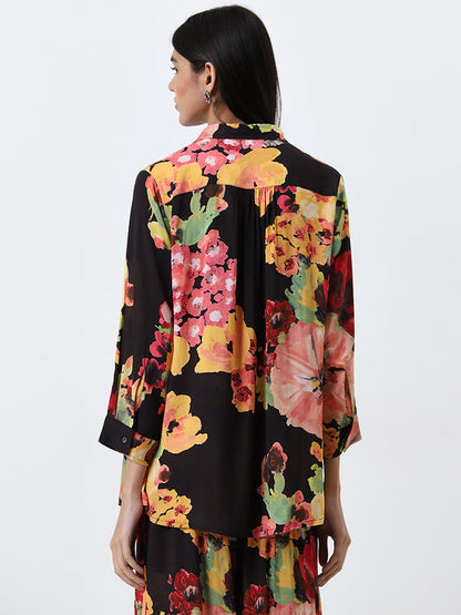 Utsa Black Floral Pattern Straight Tunic