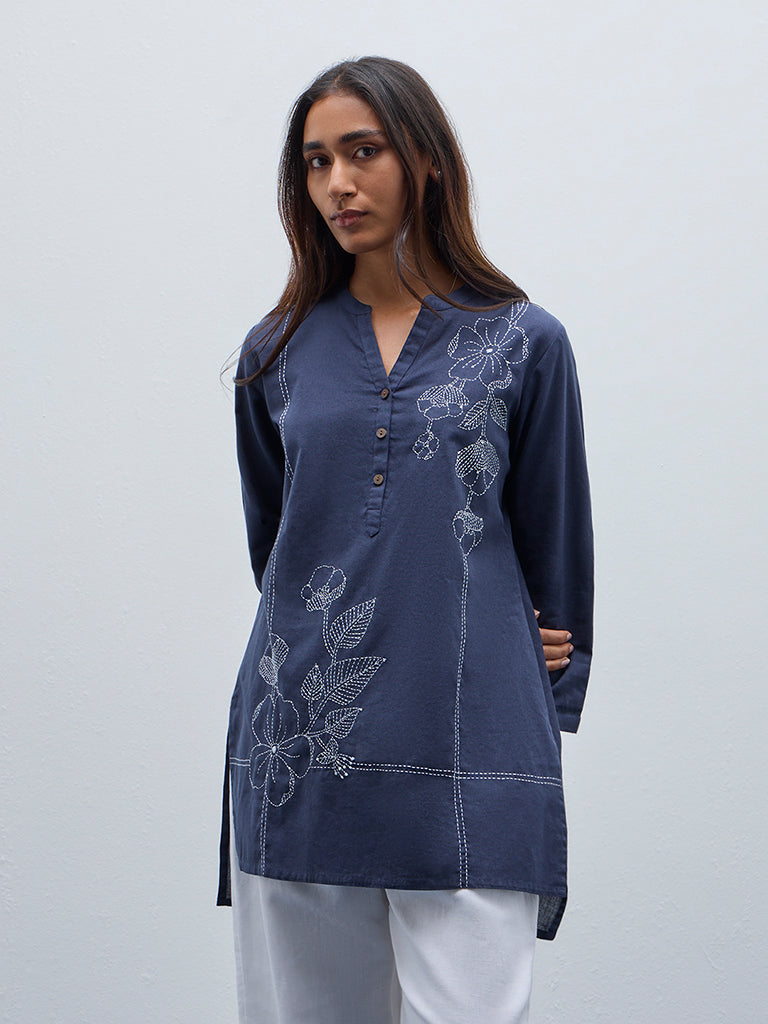 Utsa Indigo Floral High-Low Cotton Blend Kurti