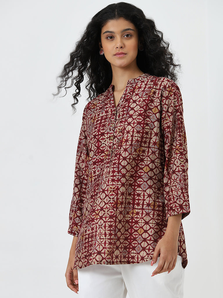 Utsa Maroon Tie-Dye A-Line Kurti