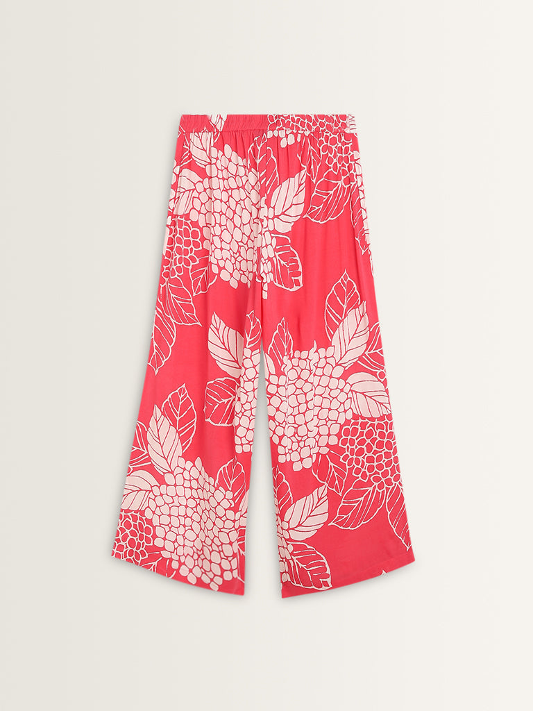 Utsa Pink Floral Design High-Rise Palazzos