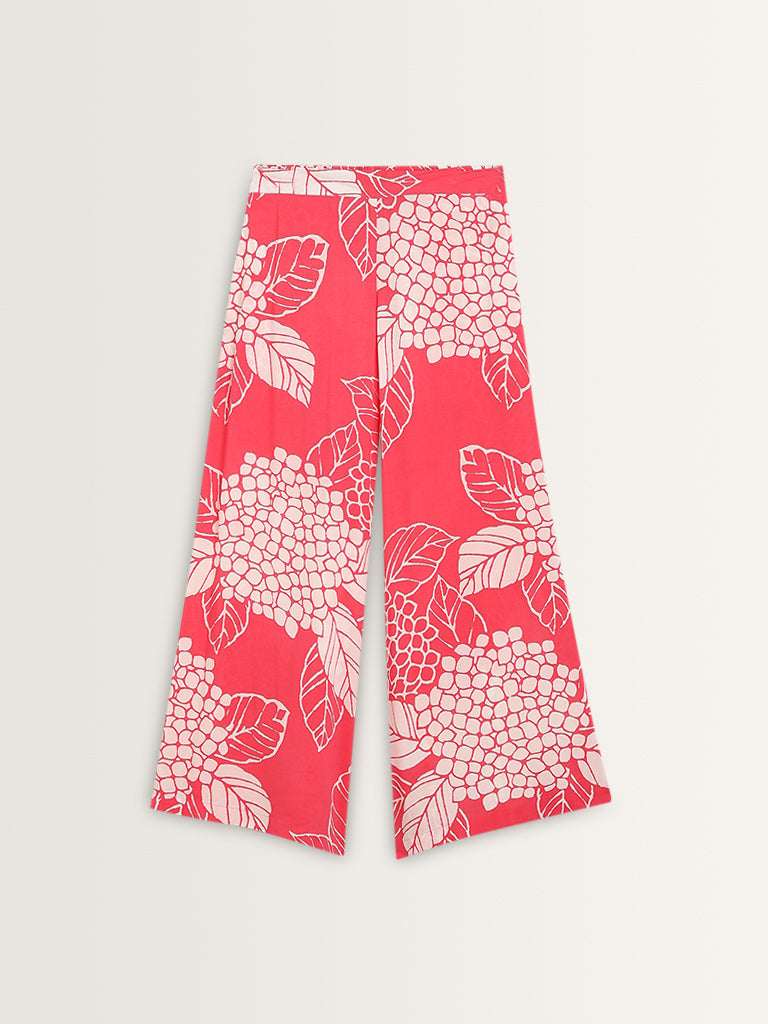 Utsa Pink Floral Design High-Rise Palazzos