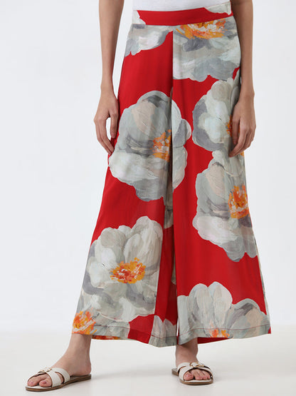 Utsa Red Floral Patterned High-Rise Palazzos