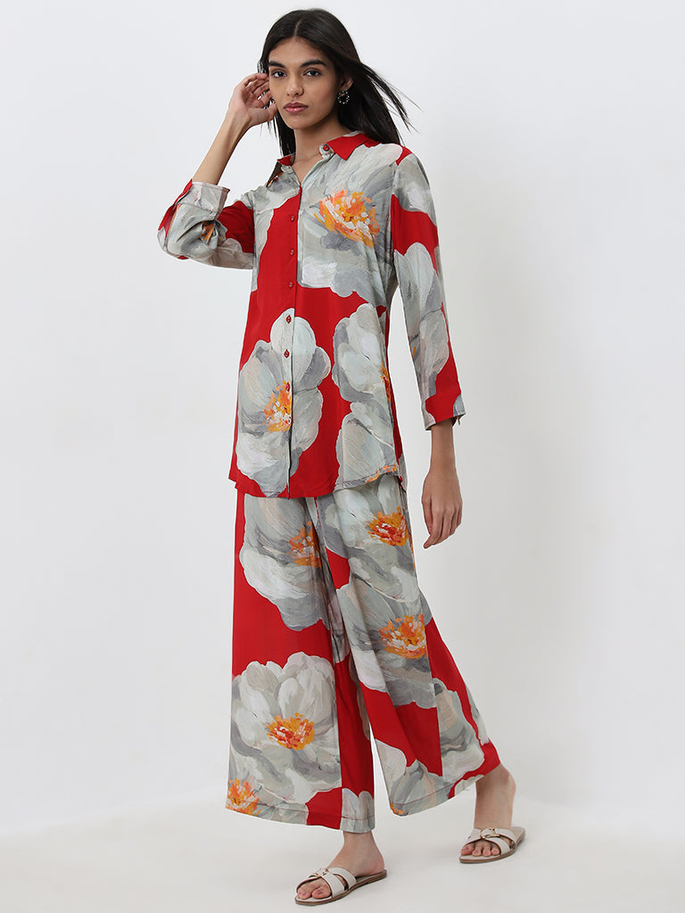 Utsa Red Floral Patterned High-Rise Palazzos