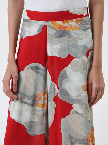 Utsa Red Floral Patterned High-Rise Palazzos