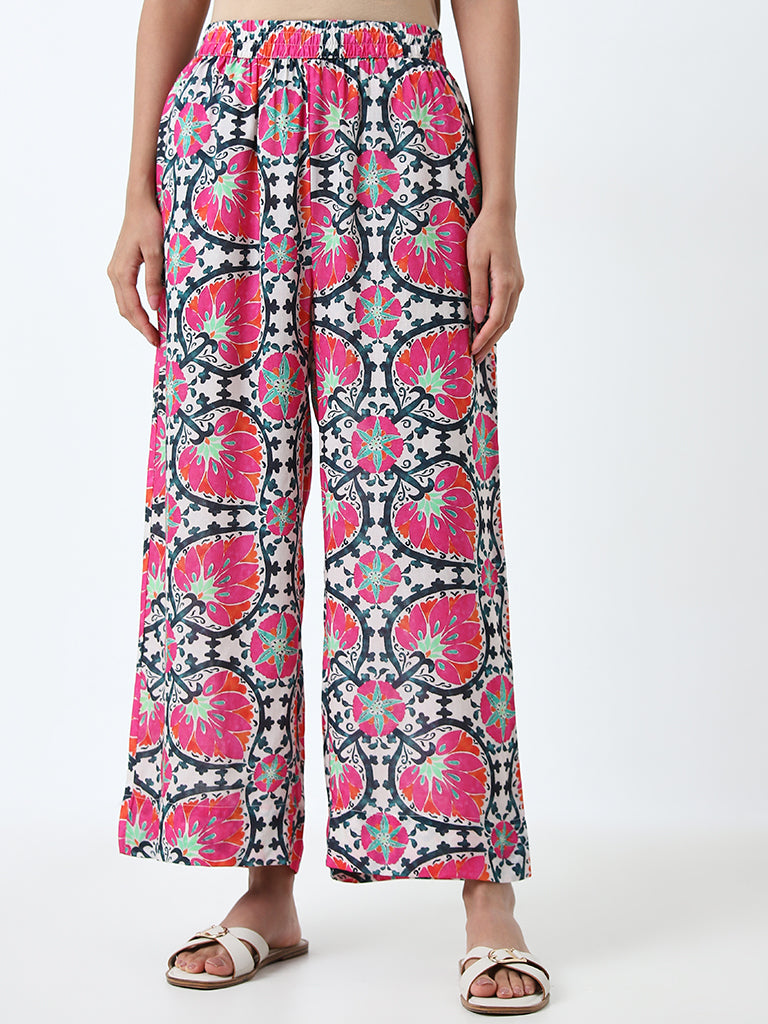 Utsa Pink Leaf Printed High-Rise Palazzos