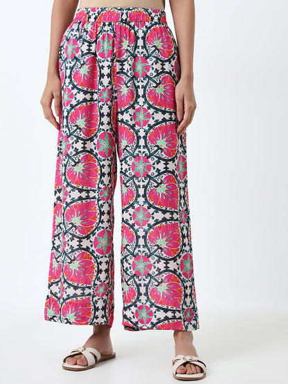 Utsa Pink Leaf Printed High-Rise Palazzos